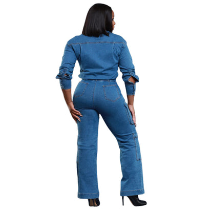 Losse elastische lange mouwen cargo denim jumpsuit