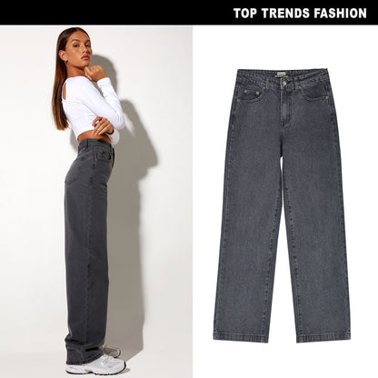 Coole grijze denim broek met hoge taille en losse rechte pijpen