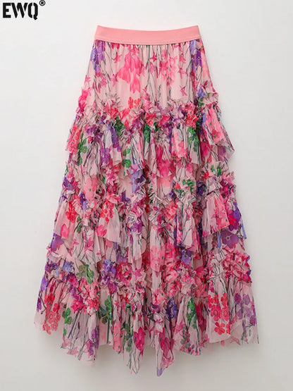 New style simple and romantic printed skirt for women with loose summer lace, slimming A-line skirt