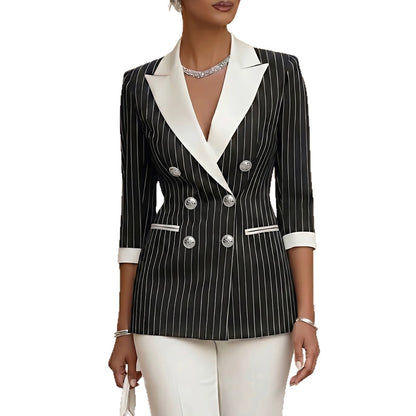 Style Black and White Thin Stripe Color-Blocked Notch Lapel Double-Breasted Three-Quarter Sleeve Suit Jacket for Women