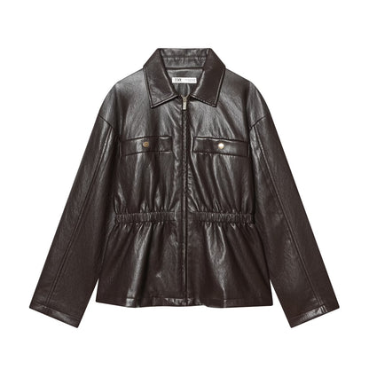 Imitation leather elastic waist jacket
