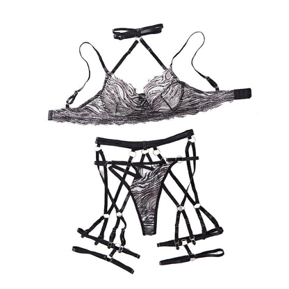 Zebra mesh hollow neck sexy lingerie set for women