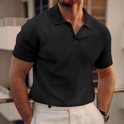 Heren zomer poloshirt met V-hals revers korte mouwen en zware wafelstructuur