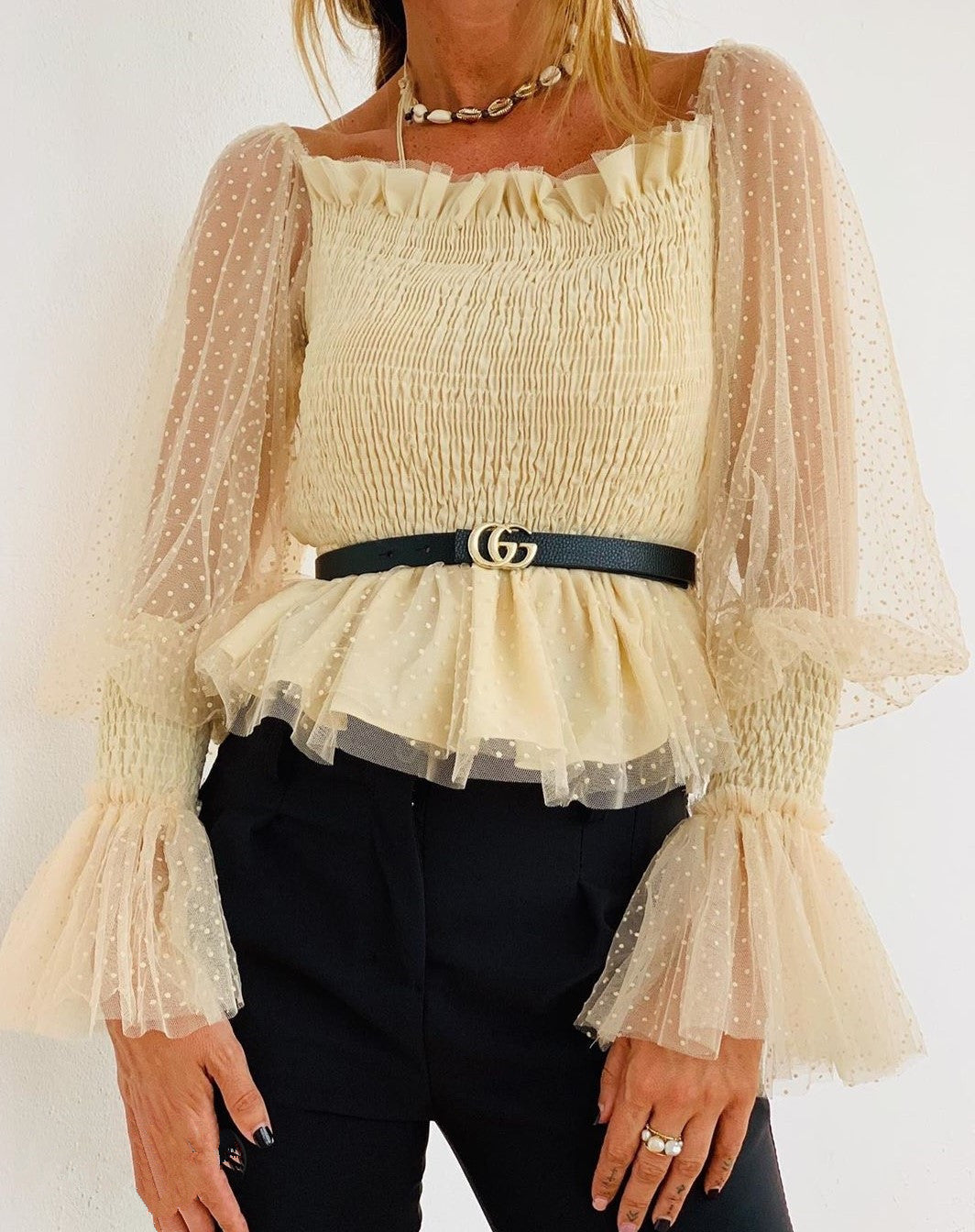 Women's Backless Pleated Mesh Top with Bubble Sleeves Chiffon Blouse