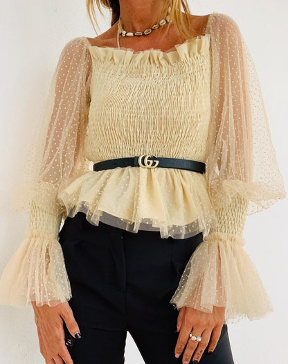 Women's Backless Pleated Mesh Top with Bubble Sleeves Chiffon Blouse