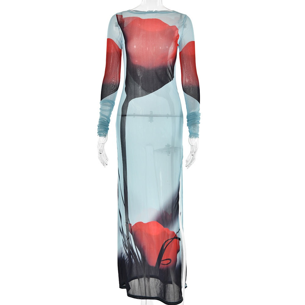 Summer new printed crew-neck dress female fashion sexy gauze see-through slit skirt