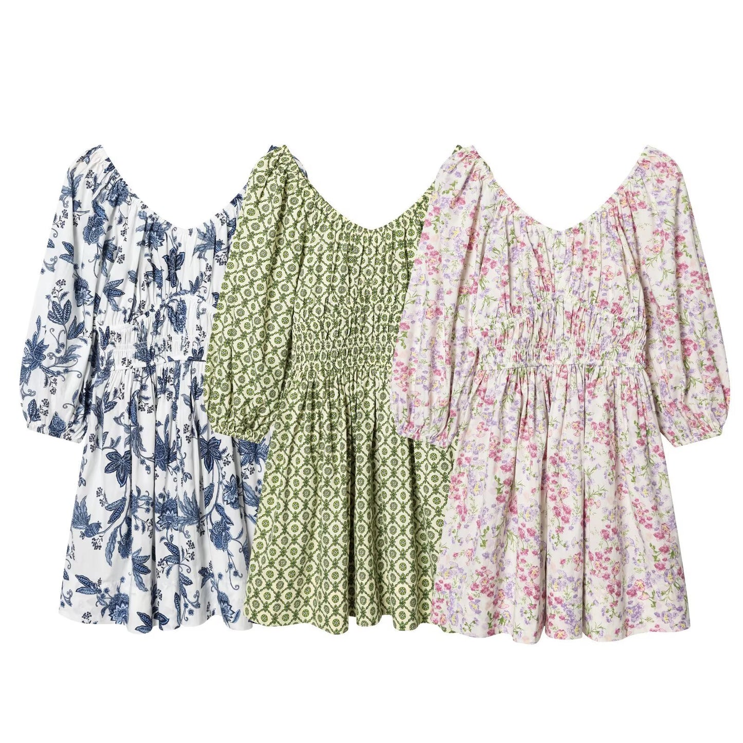 Flower V-neck flared skirt cotton skirt