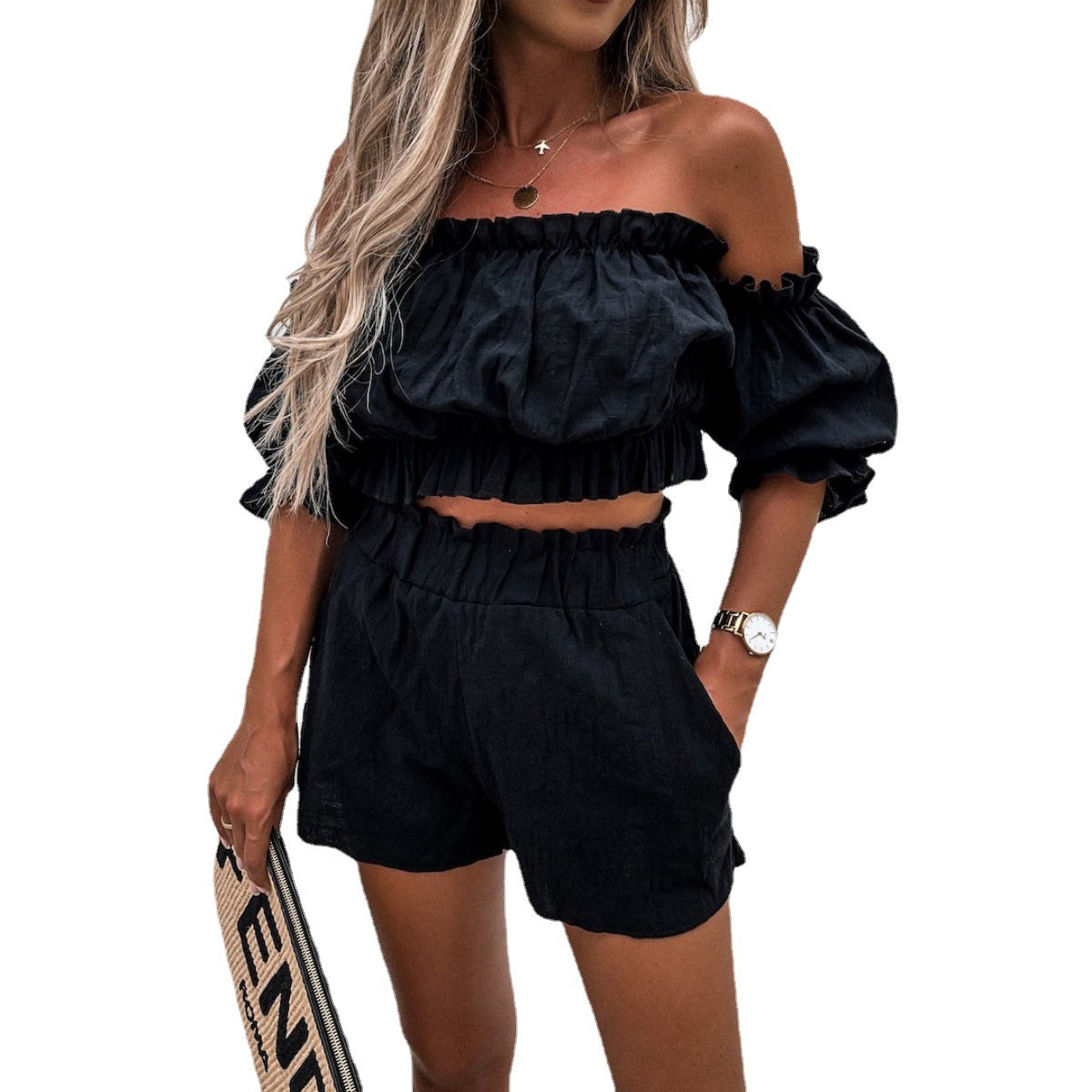 Summer New Casual Short-Sleeved Off-The-Shoulder Suit Solid Color Two-Piece Suit