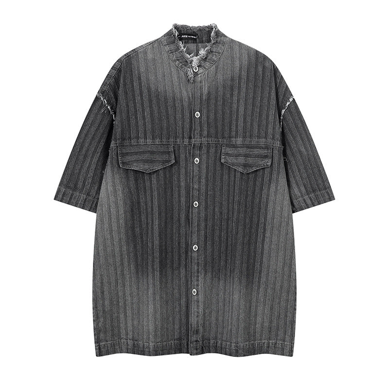 Washed Raw Edge Short Sleeve Shirt Summer Loose Casual Shirt