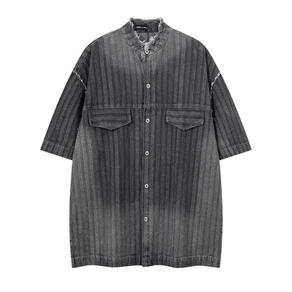 Washed Raw Edge Short Sleeve Shirt Summer Loose Casual Shirt