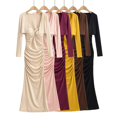 Vintage Sexy Knot Pleated Long Dress Design Slim Fit Bodycon Padded Dress with Cardigan Two-Piece Set