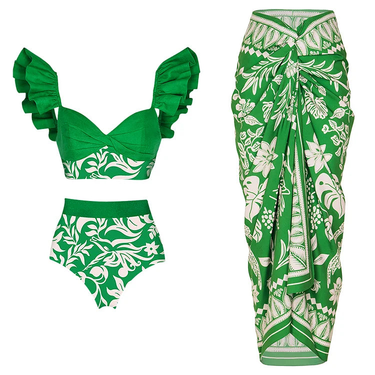 Modieuze bedrukte groene bikini set met ruches