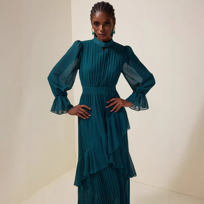 Pleated Midi Dress with Long Sleeves, Elegant Fashion Women's Dress