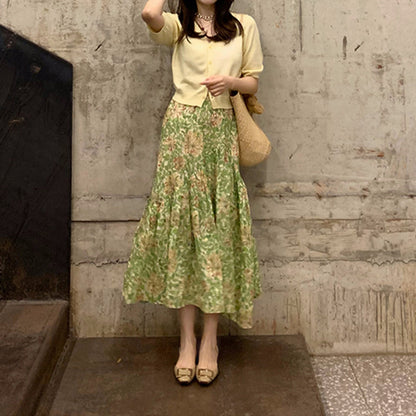 Echoo Linen Print Midi Skirt Rustic Romantic Style Casual Bohemian Mid-Length Skirt