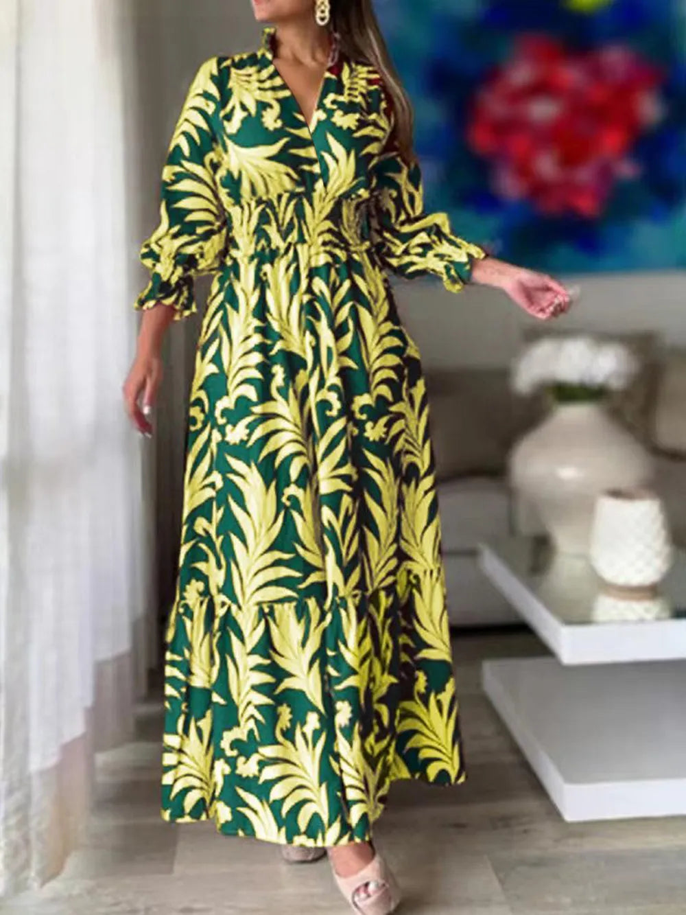 Maxi-jurk met print en ruchesmouwen