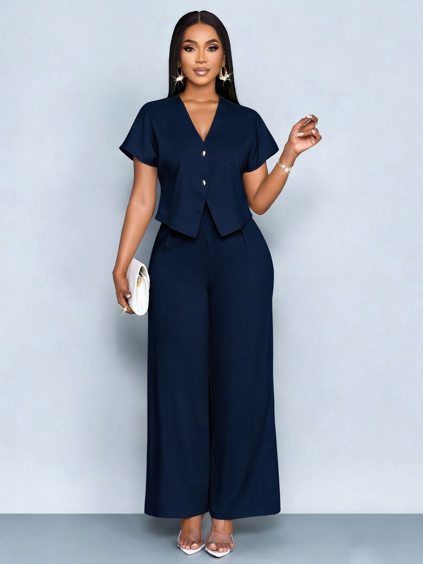 Summer Short Sleeve V-Neck Irregular Cardigan Straight Leg Wide Leg Pants Plus Size Casual Two-Piece Set