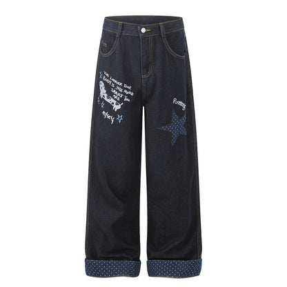Cartoon embroidery used denim pants