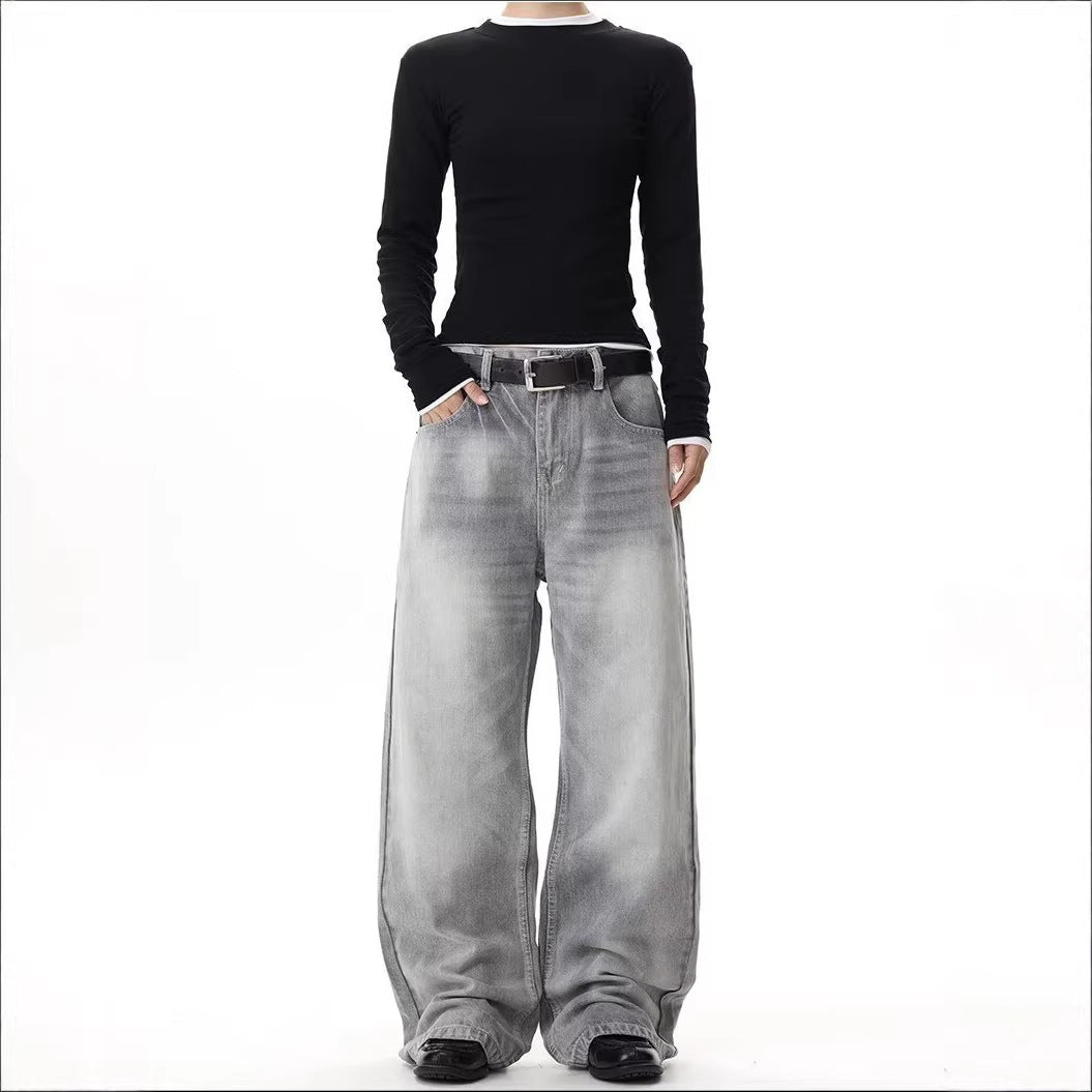 Gewassen grijsgroene losse denim jeans unisex
