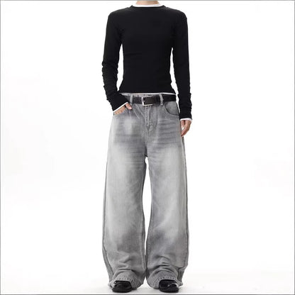 Gewassen grijsgroene losse denim jeans unisex