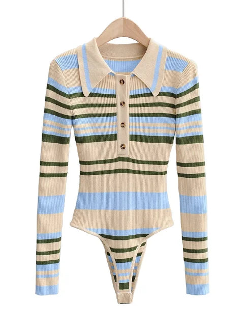Vintage gebreide bodysuit met strepen van contrasterende kleuren