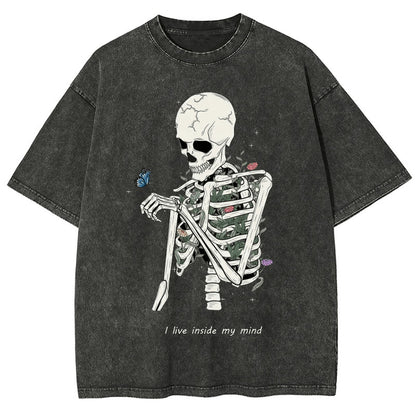 Hot Selling Summer Hip Hop Street Trend Skull Print T-Shirt Summer Cotton Washed Vintage Aged Short Sleeve