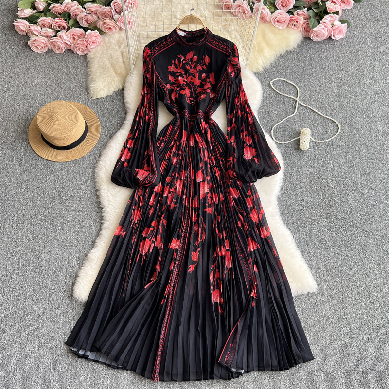 Elegant Fashionable Charm  Style French Print Pleated Dress