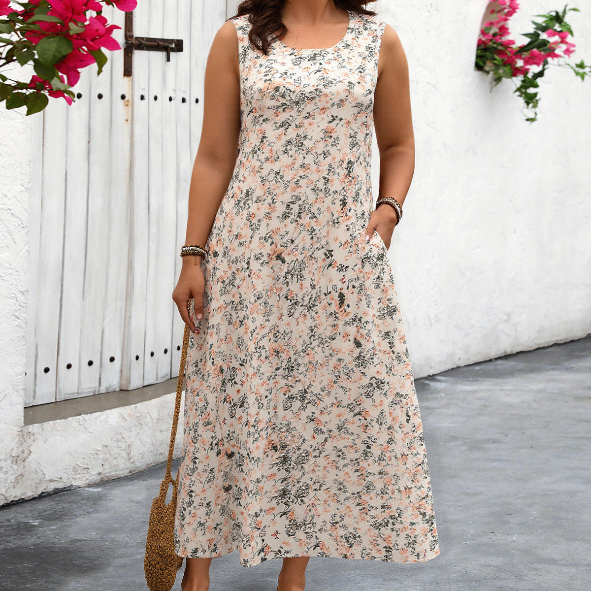 Loose Dress Style Plus Size Printed Sleeveless Strap Pocket Long Dress