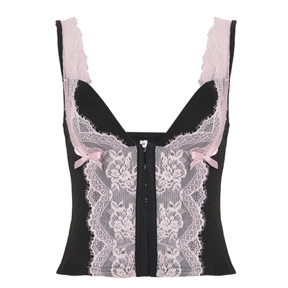 Sexy Women's Crop Top - Pure and Seductive Style Color Block Lace Fake Two-Piece V-Neck Strapless Bustier with Waist Cinching Design