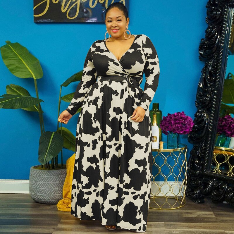 Modieus bedrukte wikkel maxi-jurk met lange mouwen zakken en hoge taille plus size