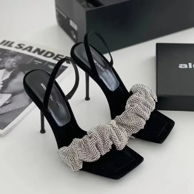 New Summer Fashion Design PU High Heels Women's Shoes Square Toe 7 Cm Non Slip Rhinestone Pumps Bling Women Sandals