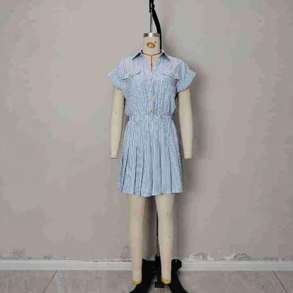 Short sleeved blue striped lapel shirt dress