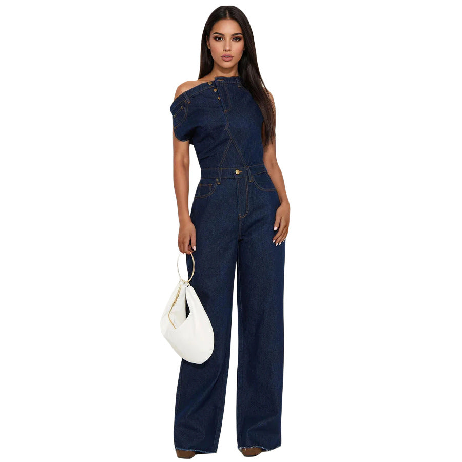 Strapless jumpsuit van denim met één schouderband