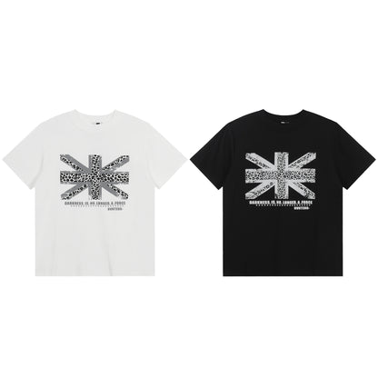 Leopard Print Union Jack Pattern Short Sleeve T-Shirt Retro Loose Fashion Unisex Top