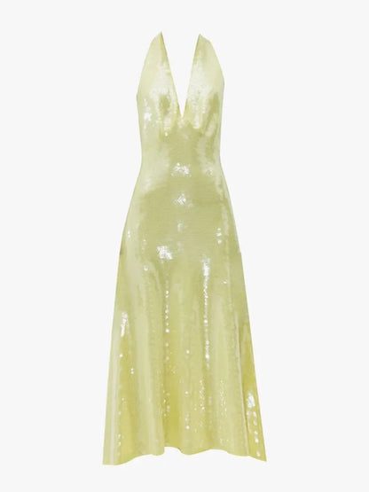 Dames mouwloze halterjurk in citroengeel met pailletten en lage open rug