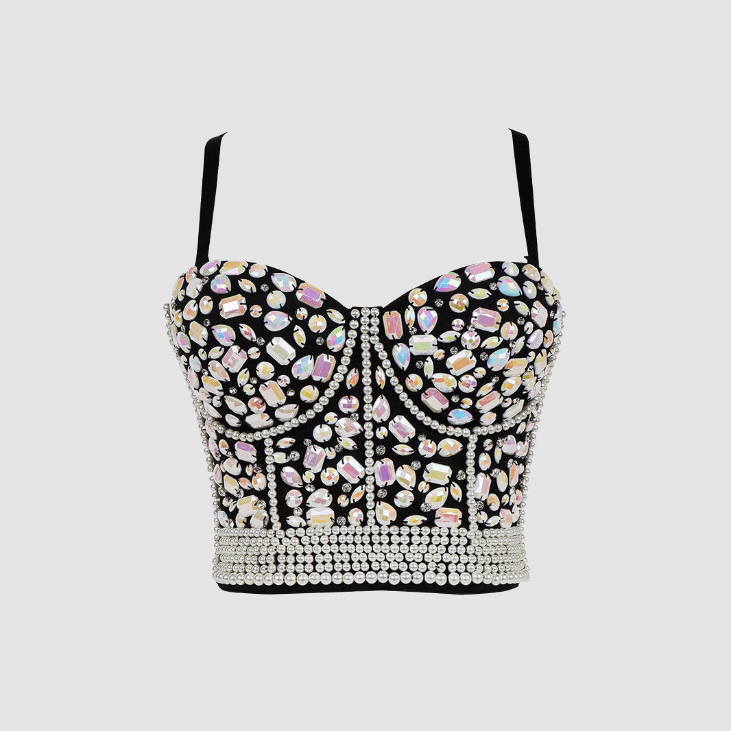 Rhinestone Beaded Fitted Bustier Bralette Camisole Small Strap