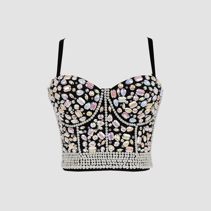 Rhinestone Beaded Fitted Bustier Bralette Camisole Small Strap