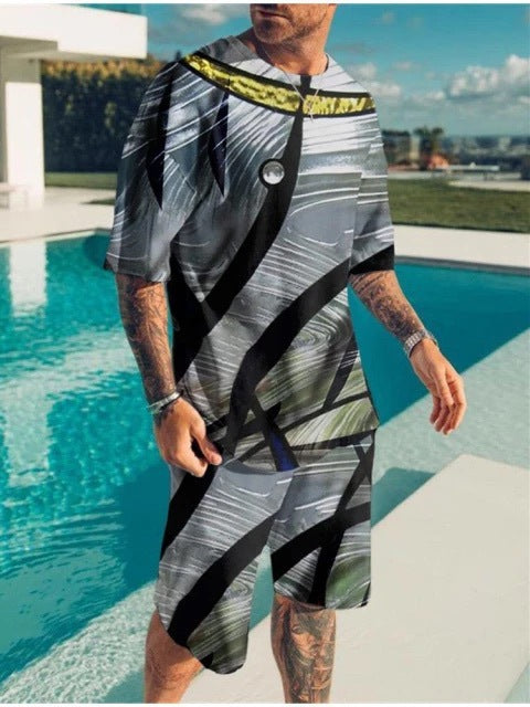 New Men's Korean Suit 3D Printing Trend Digital Printing Round Neck T-Shirt Casual Two-Piece Suit