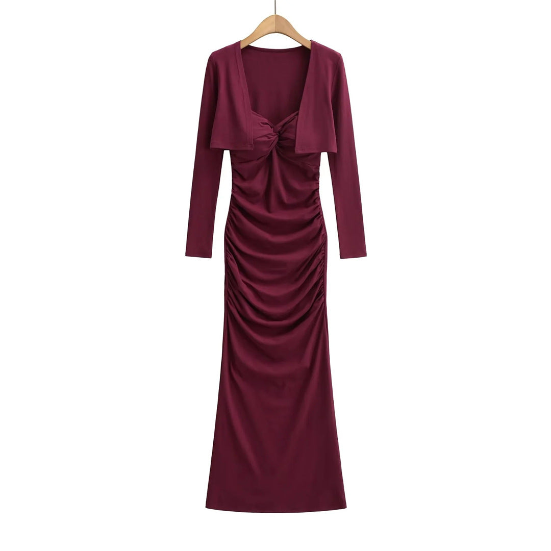 Vintage Sexy Knot Pleated Long Dress Design Slim Fit Bodycon Padded Dress with Cardigan Two-Piece Set