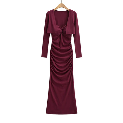 Vintage Sexy Knot Pleated Long Dress Design Slim Fit Bodycon Padded Dress with Cardigan Two-Piece Set