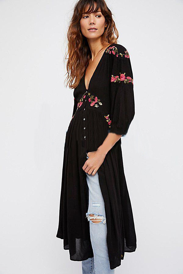 Women's Boho Dress Floral Embroidery Button Down Long Dress V-neck Summer Chic Dress Ethnic Split Robes Sweet Long Dresses