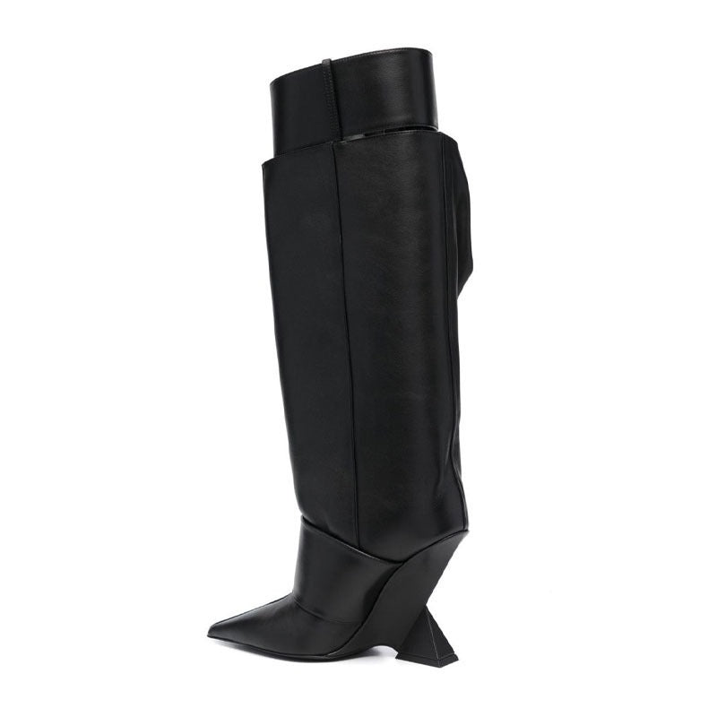 Large Boots Designer Fashion Pointed Shaped High Heels Women's Gold Belt Buckle Knee High Boots