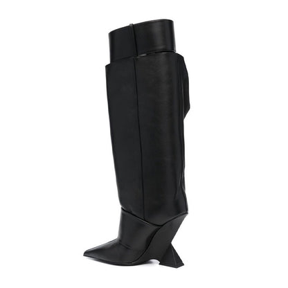Large Boots Designer Fashion Pointed Shaped High Heels Women's Gold Belt Buckle Knee High Boots