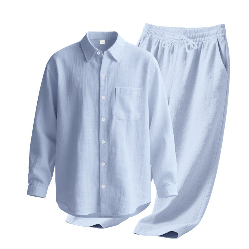 Linen solid color lapel buckle casual long sleeved pants men's suit