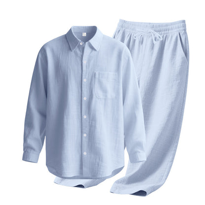 Linen solid color lapel buckle casual long sleeved pants men's suit