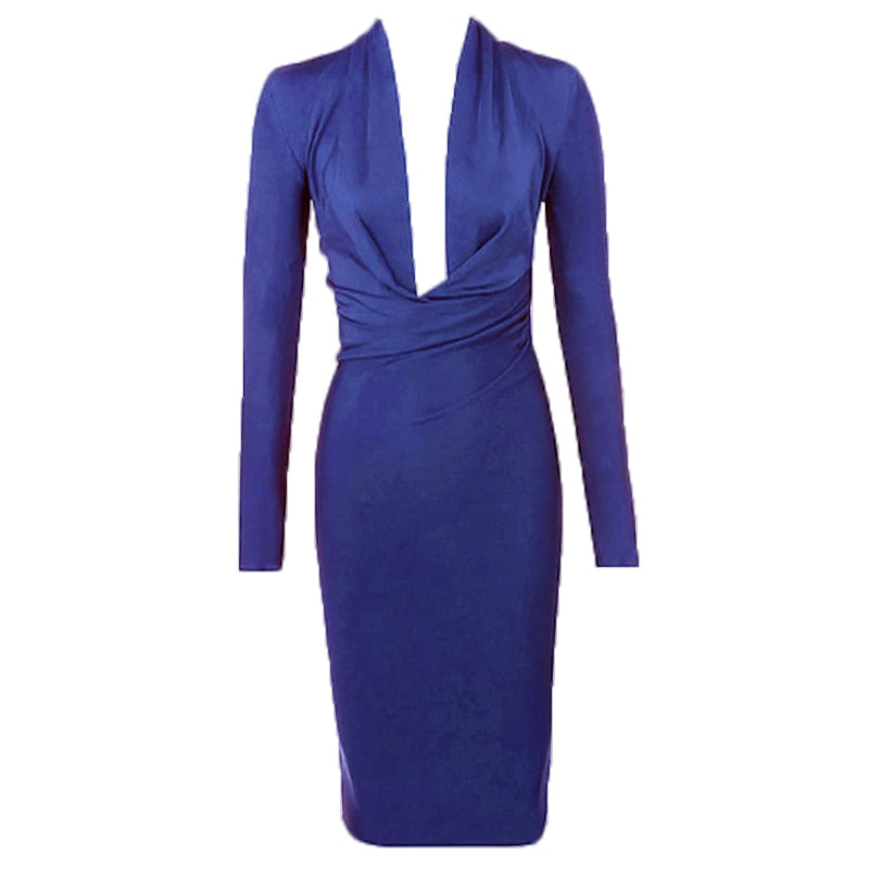 Black V Neck Long Sleeve Lady's Party Dresses Newest Spring Sexy Bodycon Elastic Midi Bandage Dress