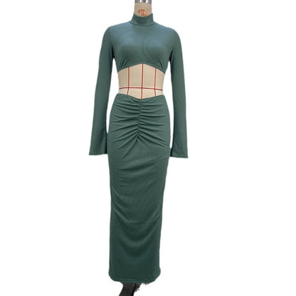 Pure Color Crop Top with Flared Sleeves and Low Waist Pleated Long Skirt Set