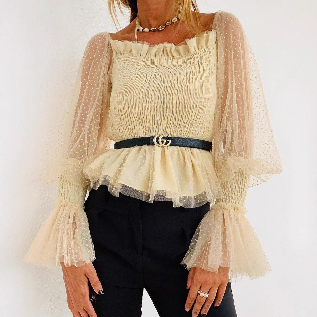 Women's Backless Pleated Mesh Top with Bubble Sleeves Chiffon Blouse