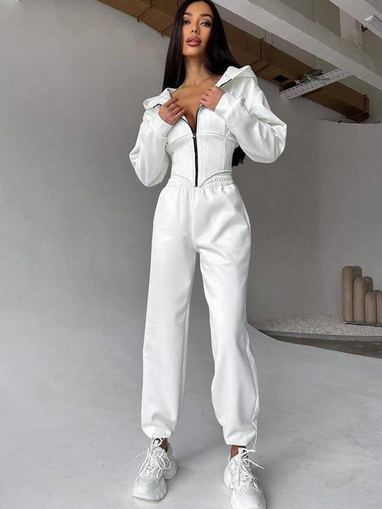 Women's Solid Color Waist Hoodie Pants Set