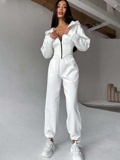 Women's Solid Color Waist Hoodie Pants Set