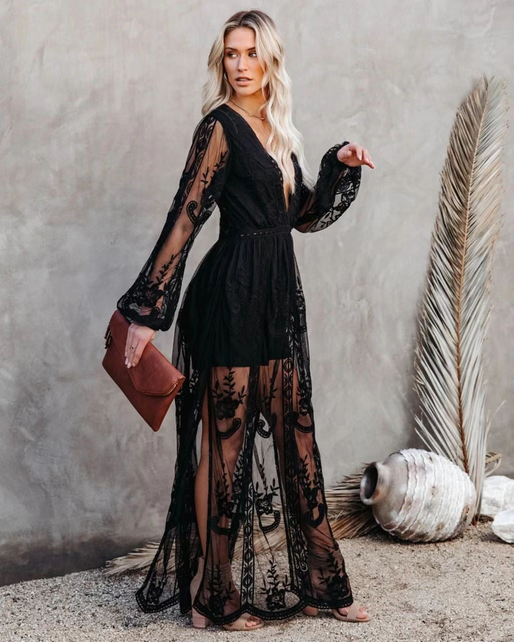 Spring/Summer Women's Lace Dress V-neck Solid Chiffon Summer Dress